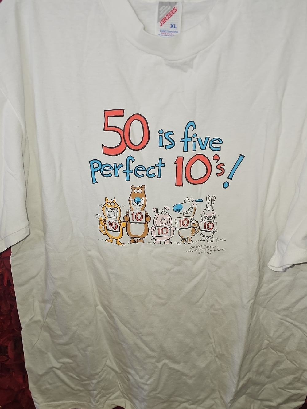 Jerzees White Cat Graphic '50 is five Perfect 10's' T-Shirt Size Xlarge